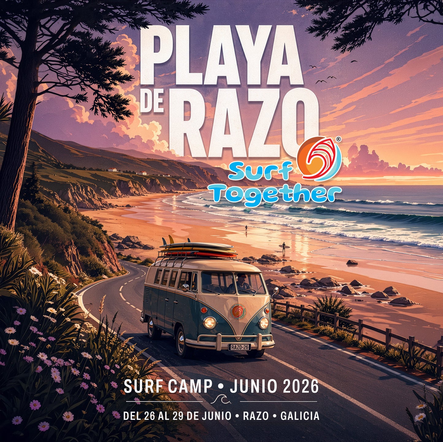 Ilustración | Vista desde la Carretera de la Playa de Razo | Surf Camp • Junio 2026